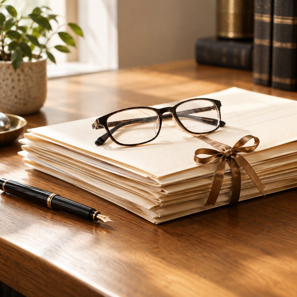 Reading glasses on bound files and a pen on a wooden desk