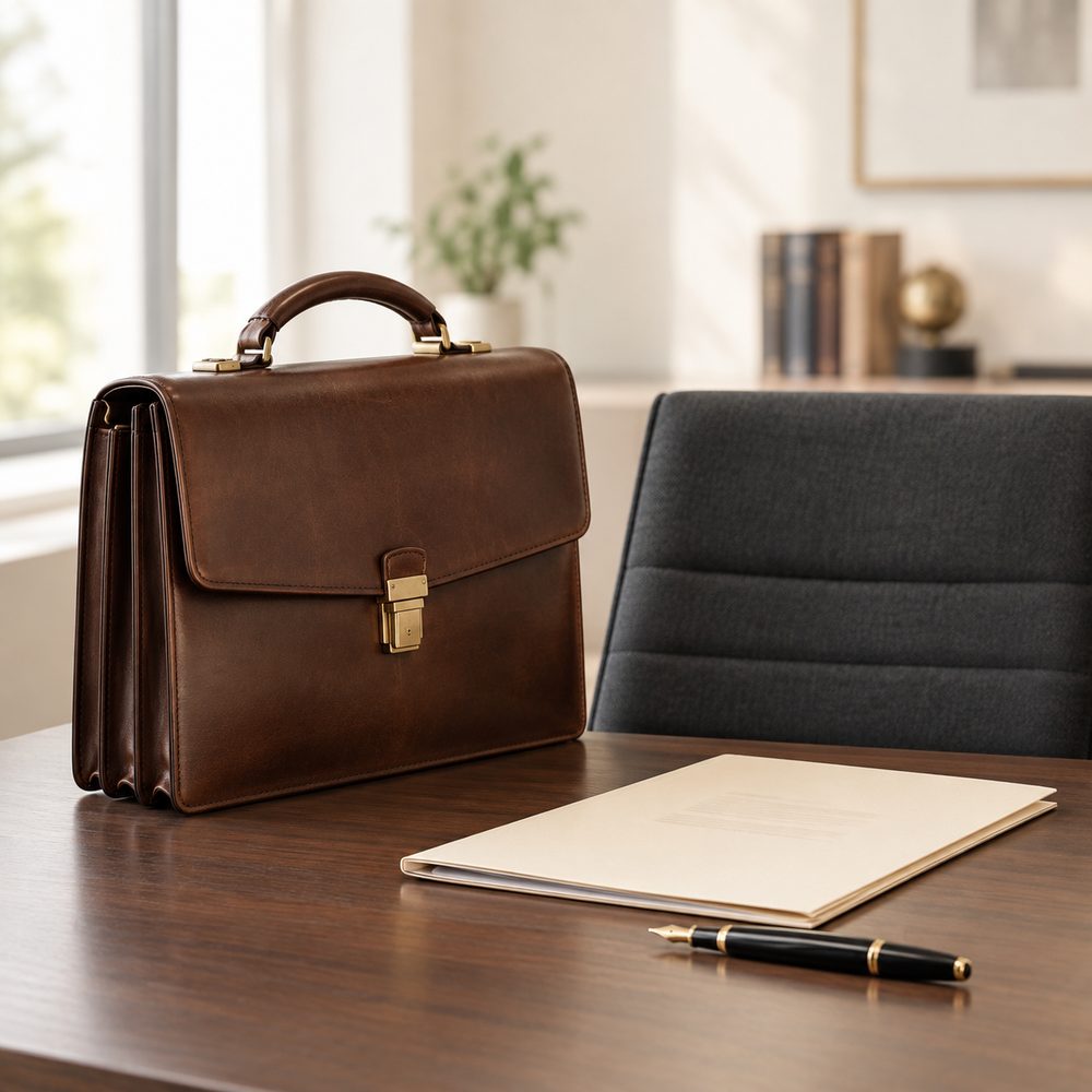 Leather briefcase, office chair and folder with a pen