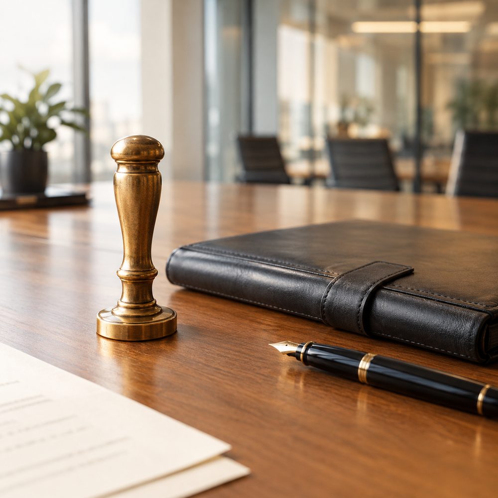 Brass seal, leather folder and pen on a conference table