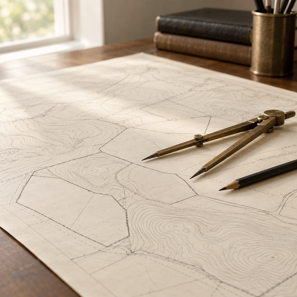 Topographic plan with plot boundaries, brass compass and pencil